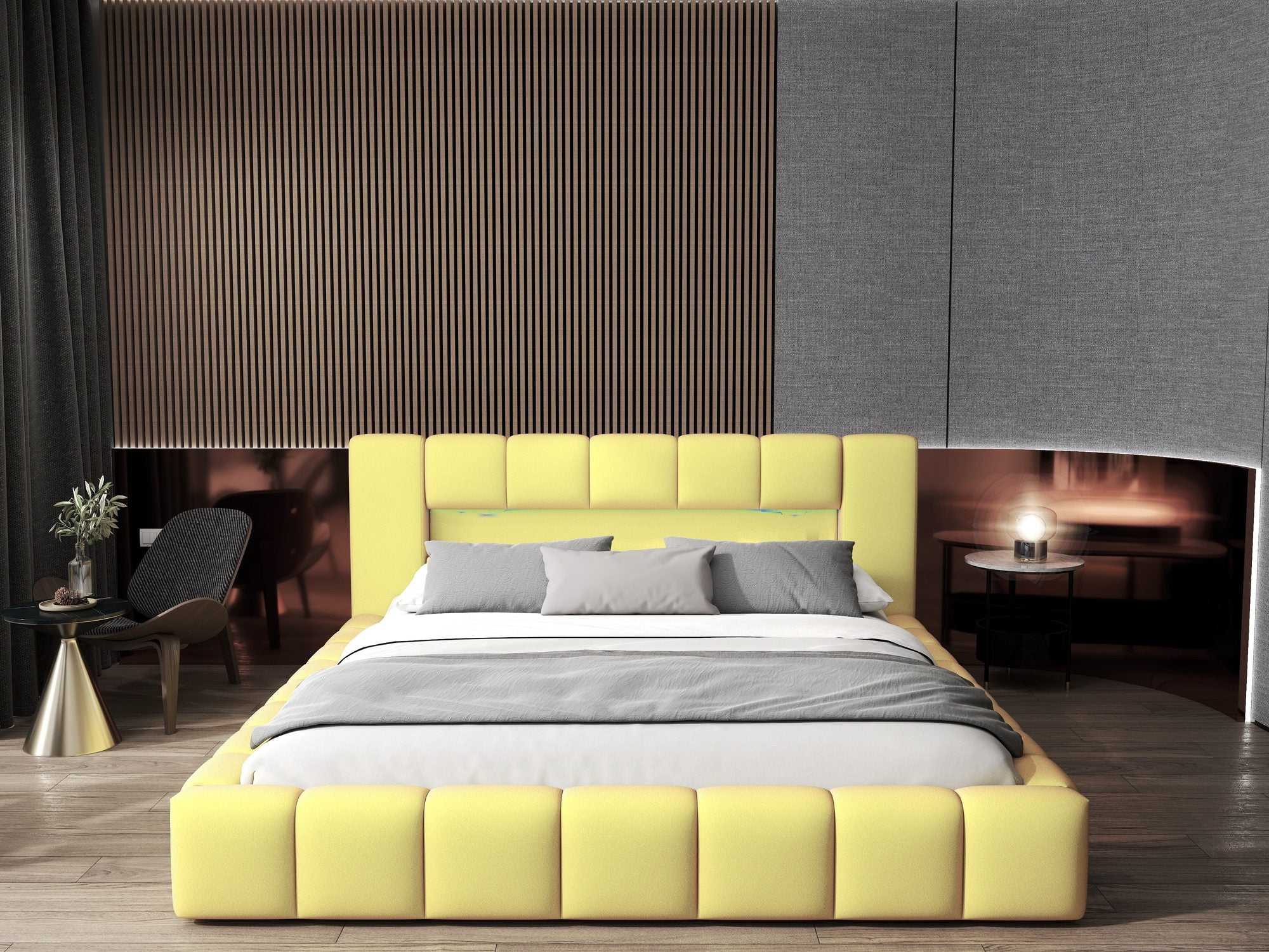 Pat dormitor dumonde, tapitat galben cu LED si USB, Palermo 140x200 cm, somiera rabatabila inclusa, spatiu depozitare