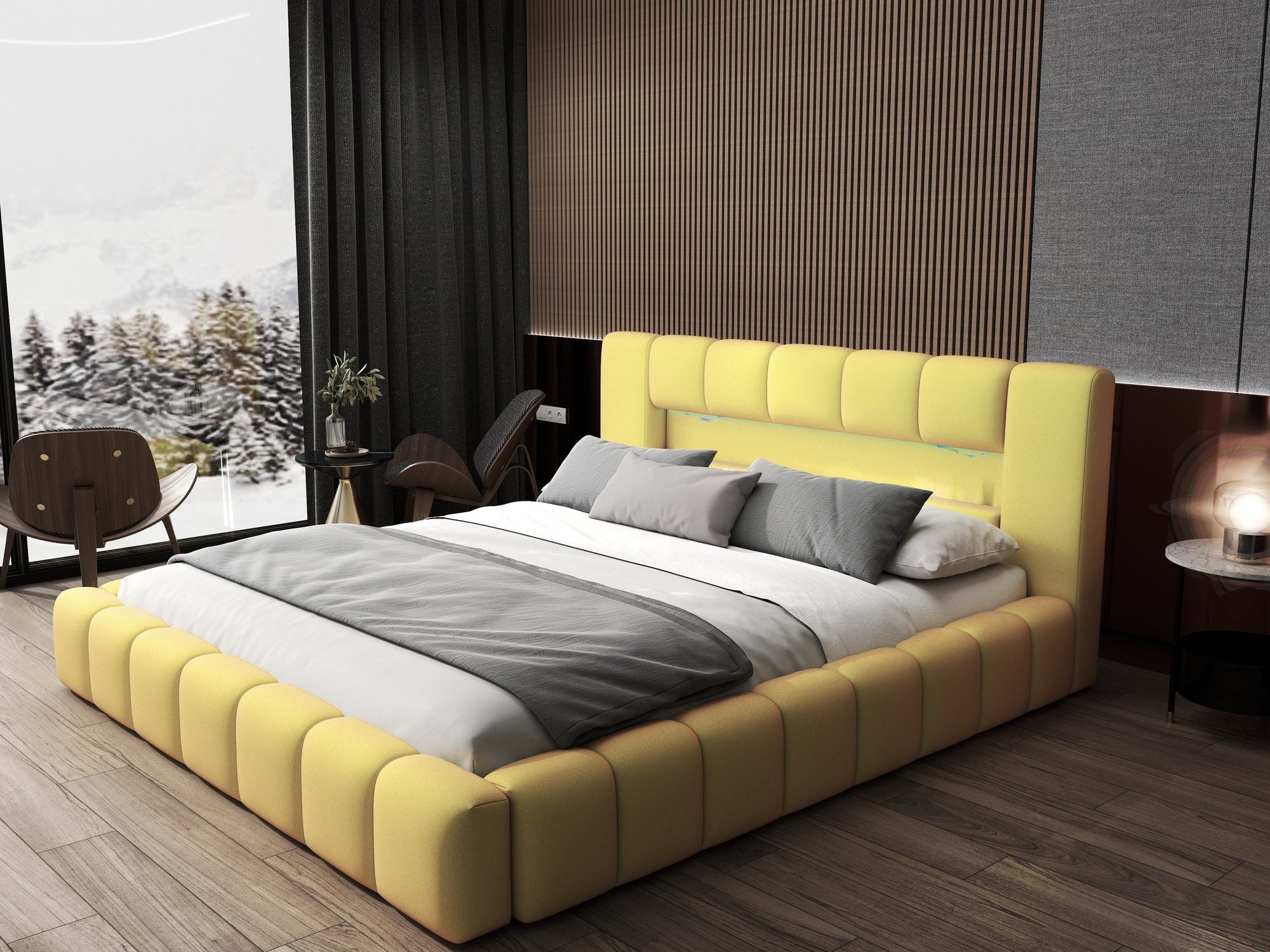 Pat dormitor dumonde, tapitat galben cu LED si USB, Palermo 140x200 cm, somiera rabatabila inclusa, spatiu depozitare