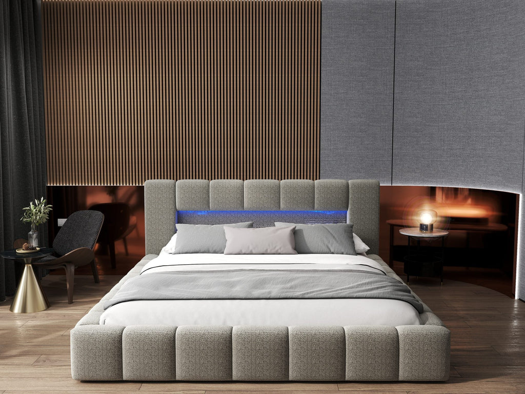 Pat dormitor dumonde, tapitat bej cu LED si USB, Palermo 160x200 cm, somiera rabatabila inclusa, spatiu depozitare