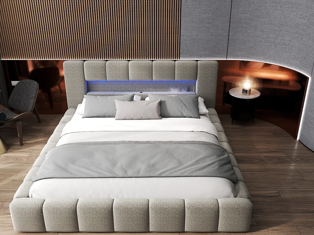 Pat dormitor dumonde, tapitat bej cu LED si USB, Palermo 160x200 cm, somiera rabatabila inclusa, spatiu depozitare