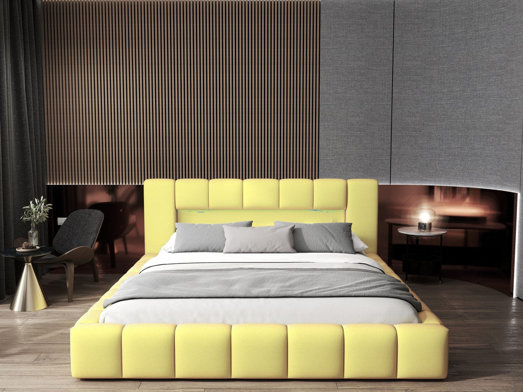 Pat dormitor dumonde, tapitat galben cu LED si USB, Palermo 160x200 cm, somiera rabatabila inclusa, spatiu depozitare
