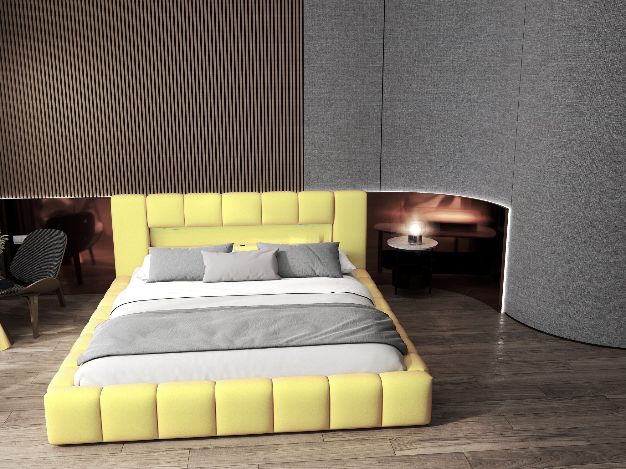 Pat dormitor dumonde, tapitat galben cu LED si USB, Palermo 160x200 cm, somiera rabatabila inclusa, spatiu depozitare