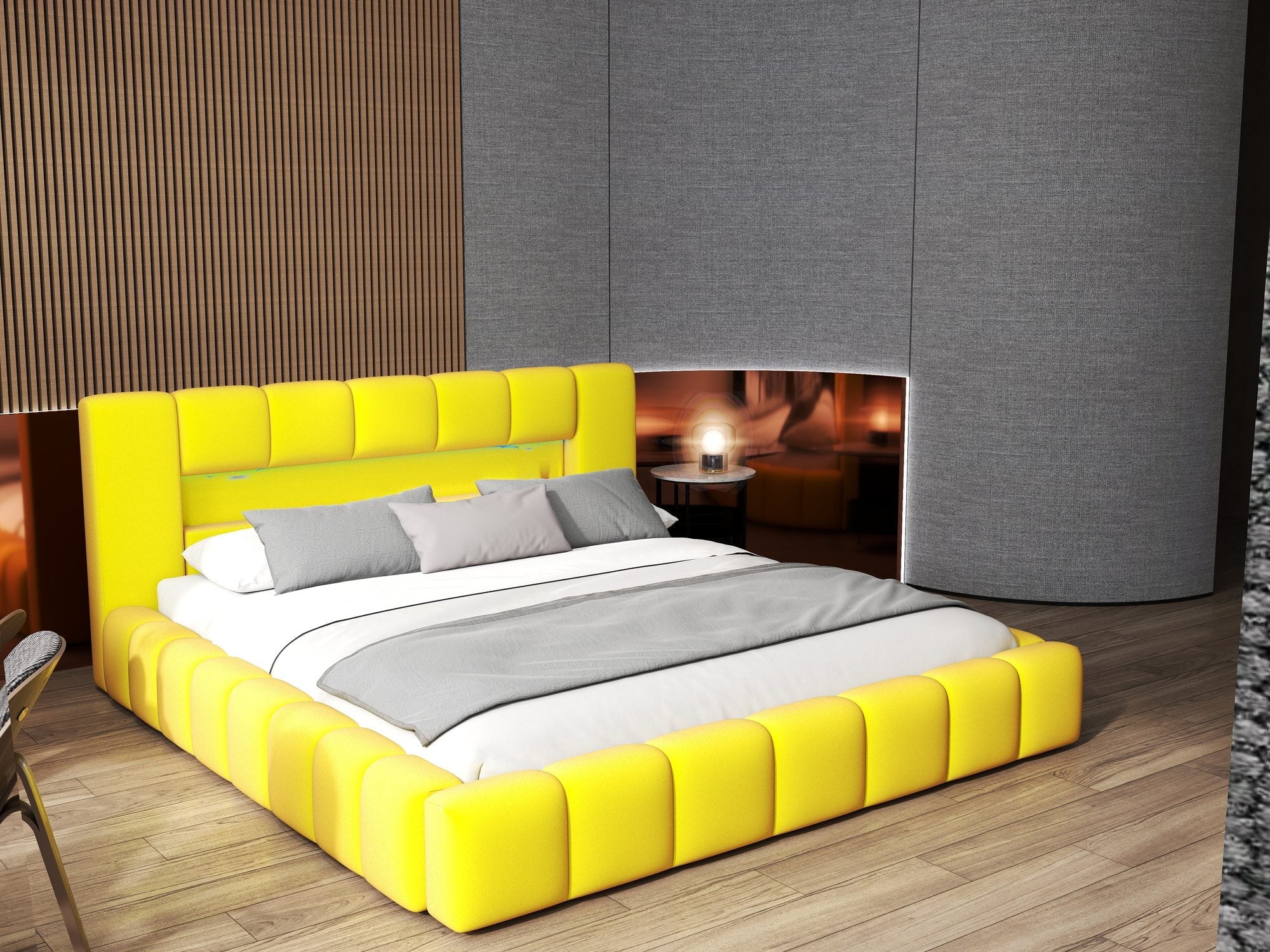 Pat dormitor dumonde, tapitat galben cu LED si USB, Palermo 160x200 cm, somiera rabatabila inclusa, spatiu depozitare