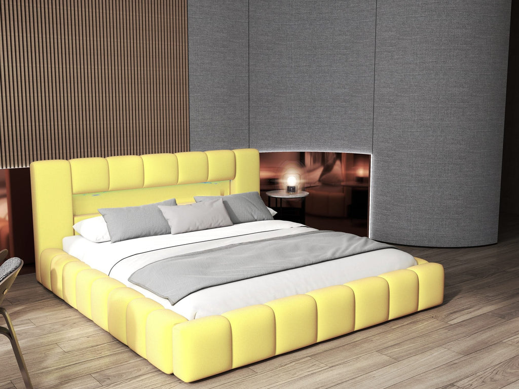 Pat dormitor dumonde, tapitat galben cu LED si USB, Palermo 160x200 cm, somiera rabatabila inclusa, spatiu depozitare