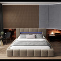 Pat dormitor dumonde, tapitat bej cu LED si USB, Palermo 160x200 cm, somiera rabatabila inclusa, spatiu depozitare