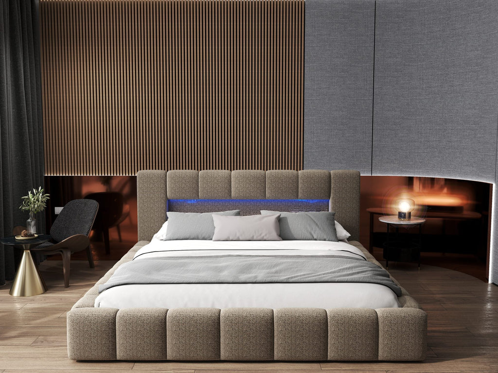 Pat dormitor dumonde, tapitat bej cu LED si USB, Palermo 160x200 cm, somiera rabatabila inclusa, spatiu depozitare