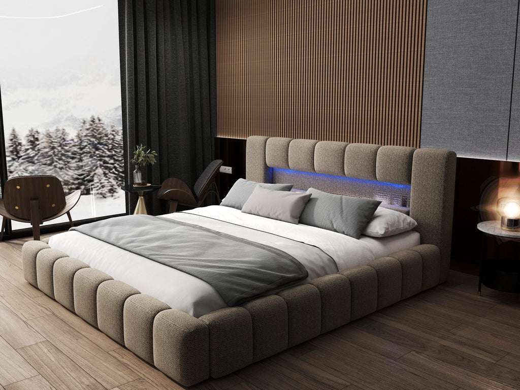 Pat dormitor dumonde, tapitat bej cu LED si USB, Palermo 160x200 cm, somiera rabatabila inclusa, spatiu depozitare
