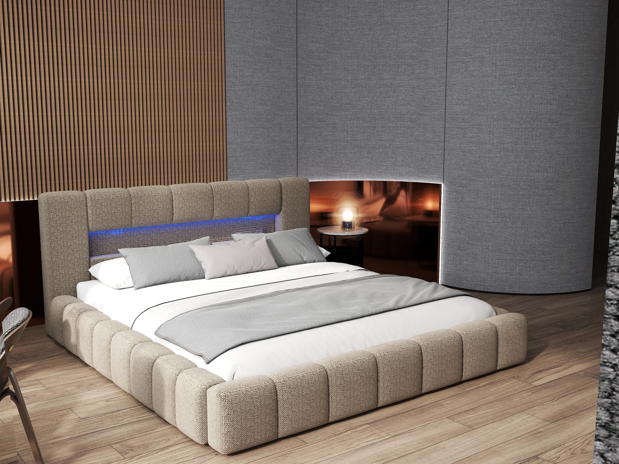 Pat dormitor dumonde, tapitat bej cu LED si USB, Palermo 160x200 cm, somiera rabatabila inclusa, spatiu depozitare
