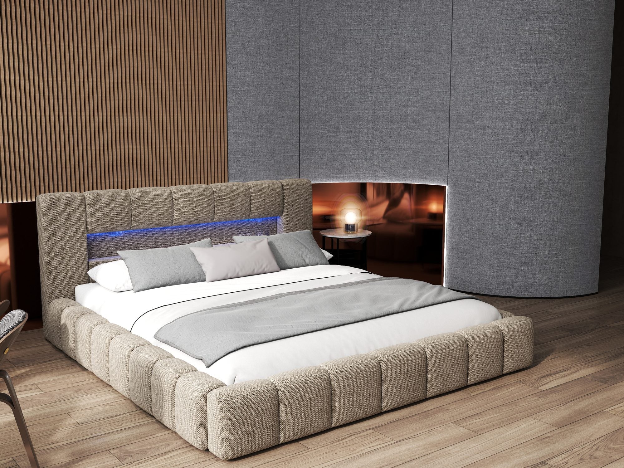 Pat dormitor dumonde, tapitat bej cu LED si USB, Palermo 160x200 cm, somiera rabatabila inclusa, spatiu depozitare