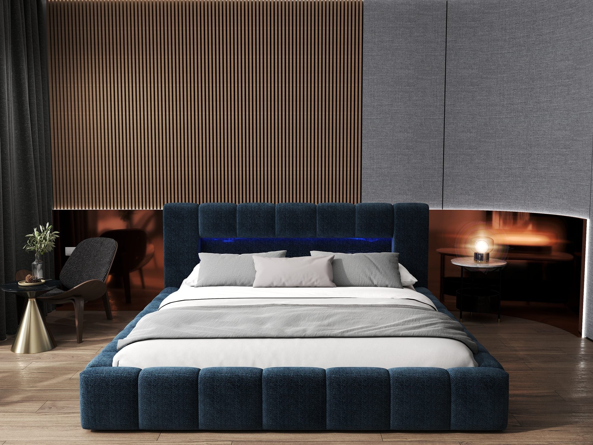 Pat dormitor dumonde, tapitat albastru cu LED si USB, Palermo 160x200 cm, somiera rabatabila inclusa, spatiu depozitare