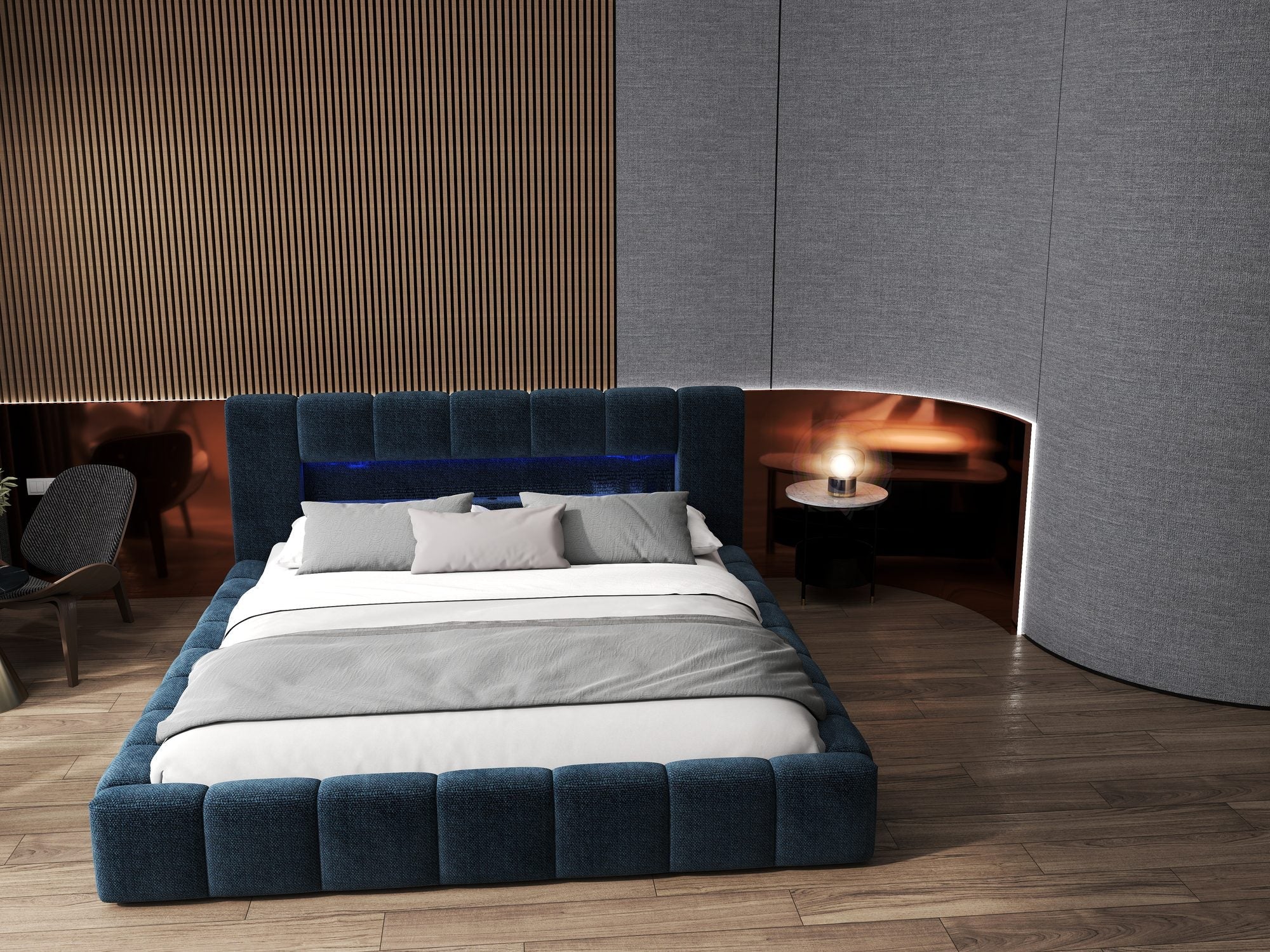 Pat dormitor dumonde, tapitat albastru cu LED si USB, Palermo 160x200 cm, somiera rabatabila inclusa, spatiu depozitare