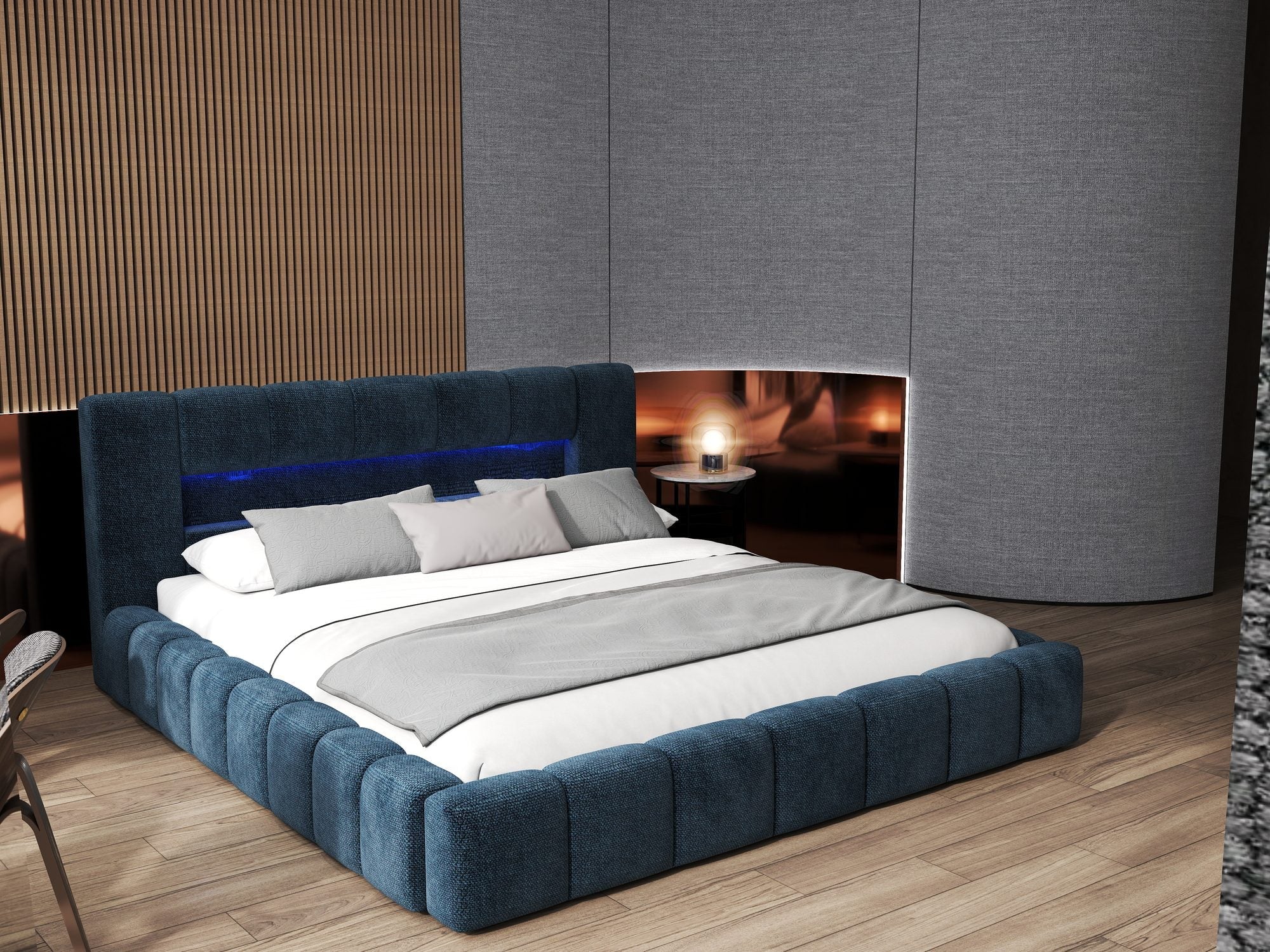 Pat dormitor dumonde, tapitat albastru cu LED si USB, Palermo 160x200 cm, somiera rabatabila inclusa, spatiu depozitare