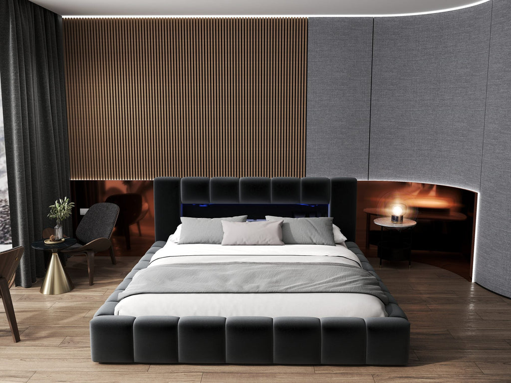 Pat dormitor dumonde, tapitat gri cu LED si USB, Palermo 180x200 cm, somiera rabatabila inclusa, spatiu depozitare