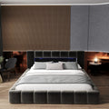 Pat dormitor dumonde, tapitat gri cu LED si USB, Palermo 180x200 cm, somiera rabatabila inclusa, spatiu depozitare