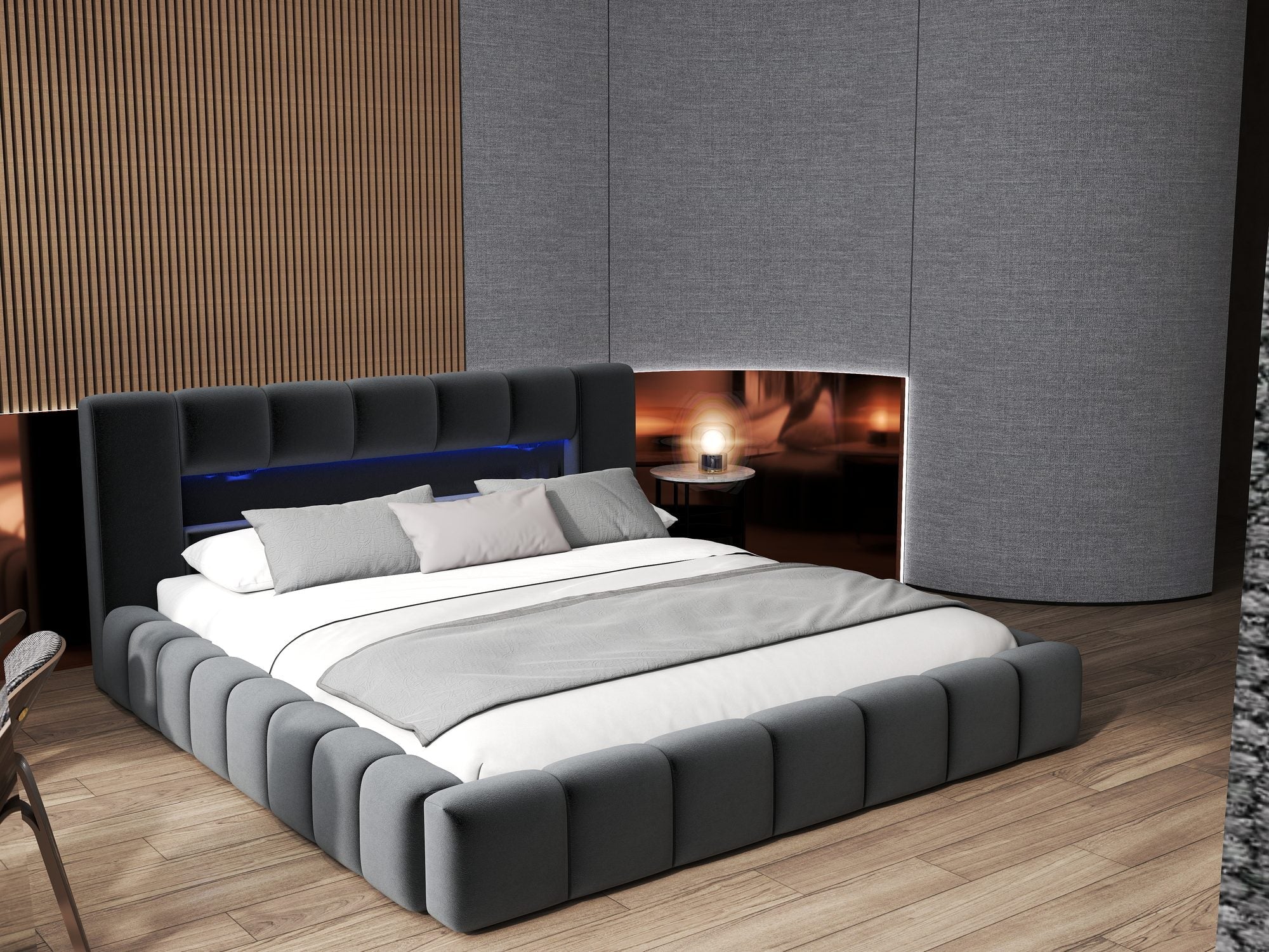 Pat dormitor dumonde, tapitat gri cu LED si USB, Palermo 180x200 cm, somiera rabatabila inclusa, spatiu depozitare