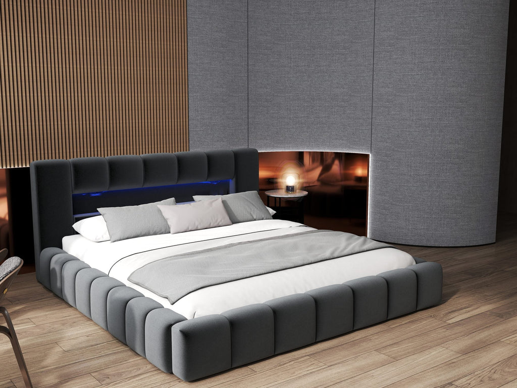Pat dormitor dumonde, tapitat gri cu LED si USB, Palermo 180x200 cm, somiera rabatabila inclusa, spatiu depozitare
