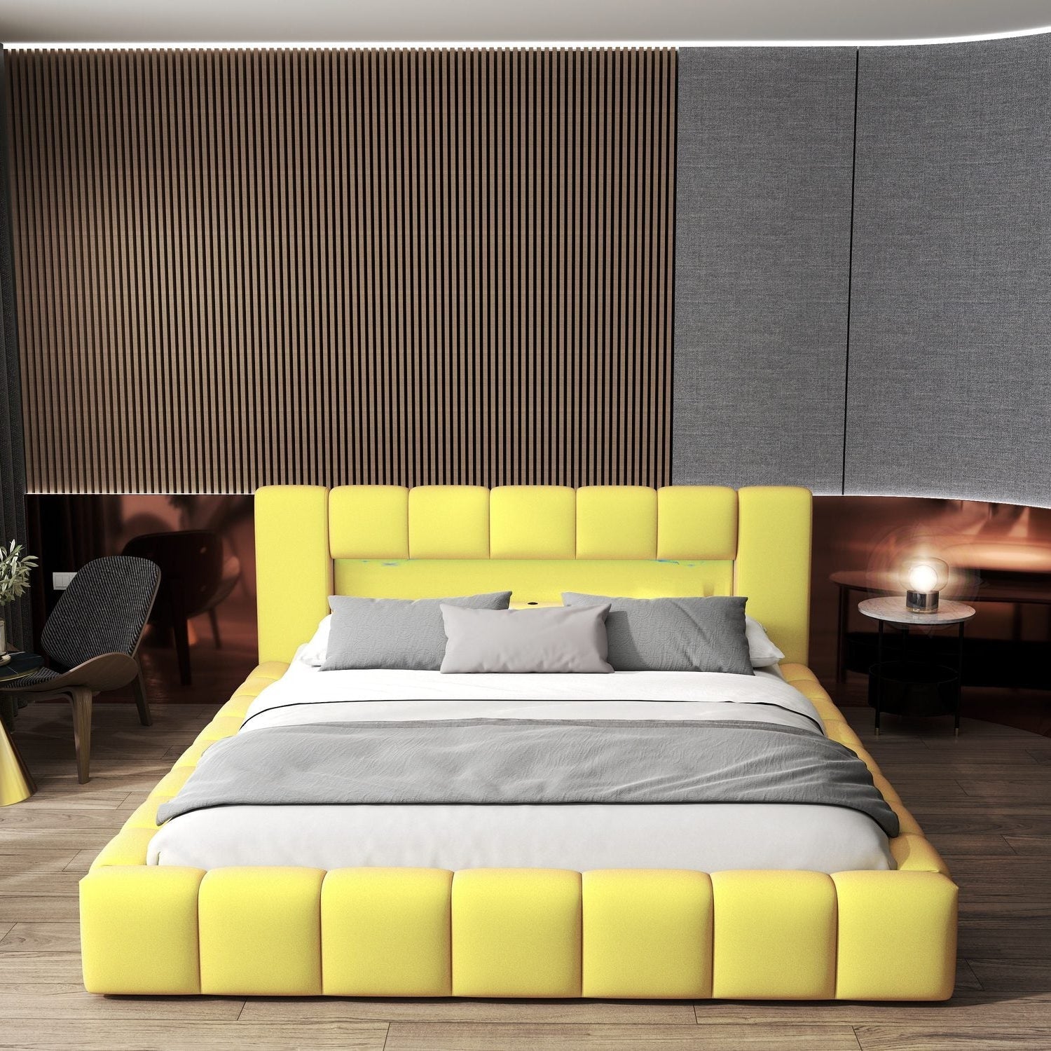 Pat dormitor dumonde, tapitat galben cu LED si USB, Palermo 180x200 cm, somiera rabatabila inclusa, spatiu depozitare