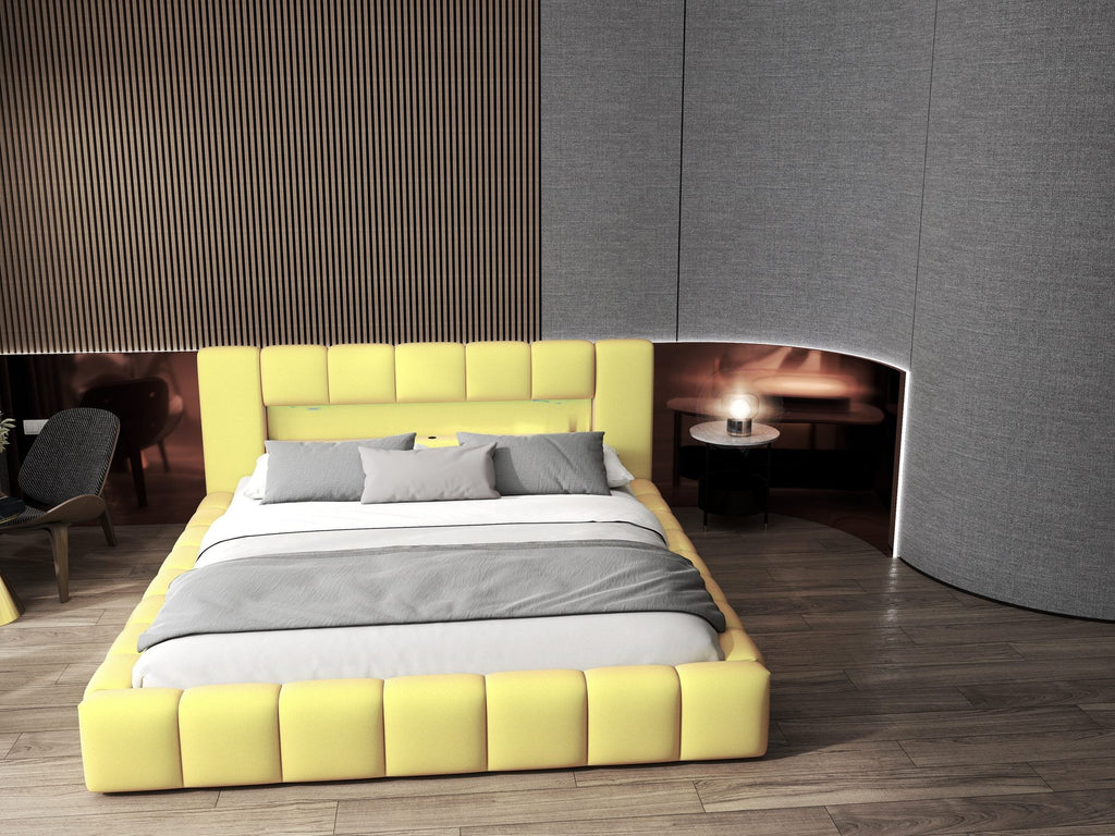 Pat dormitor dumonde, tapitat galben cu LED si USB, Palermo 180x200 cm, somiera rabatabila inclusa, spatiu depozitare
