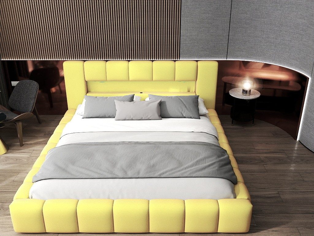 Pat dormitor dumonde, tapitat galben cu LED si USB, Palermo 180x200 cm, somiera rabatabila inclusa, spatiu depozitare
