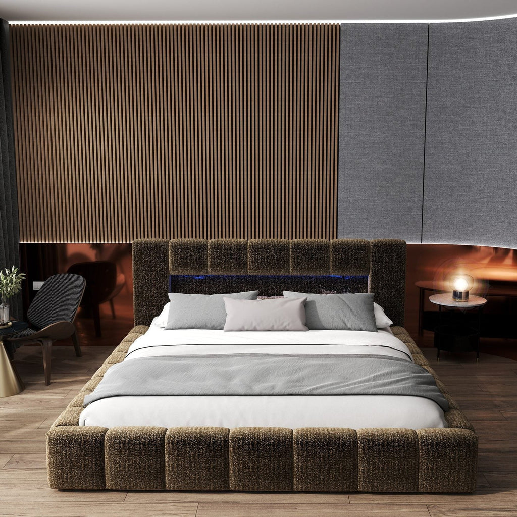 Pat dormitor dumonde, tapitat maro cu LED si USB, Palermo 180x200 cm, somiera rabatabila inclusa, spatiu depozitare