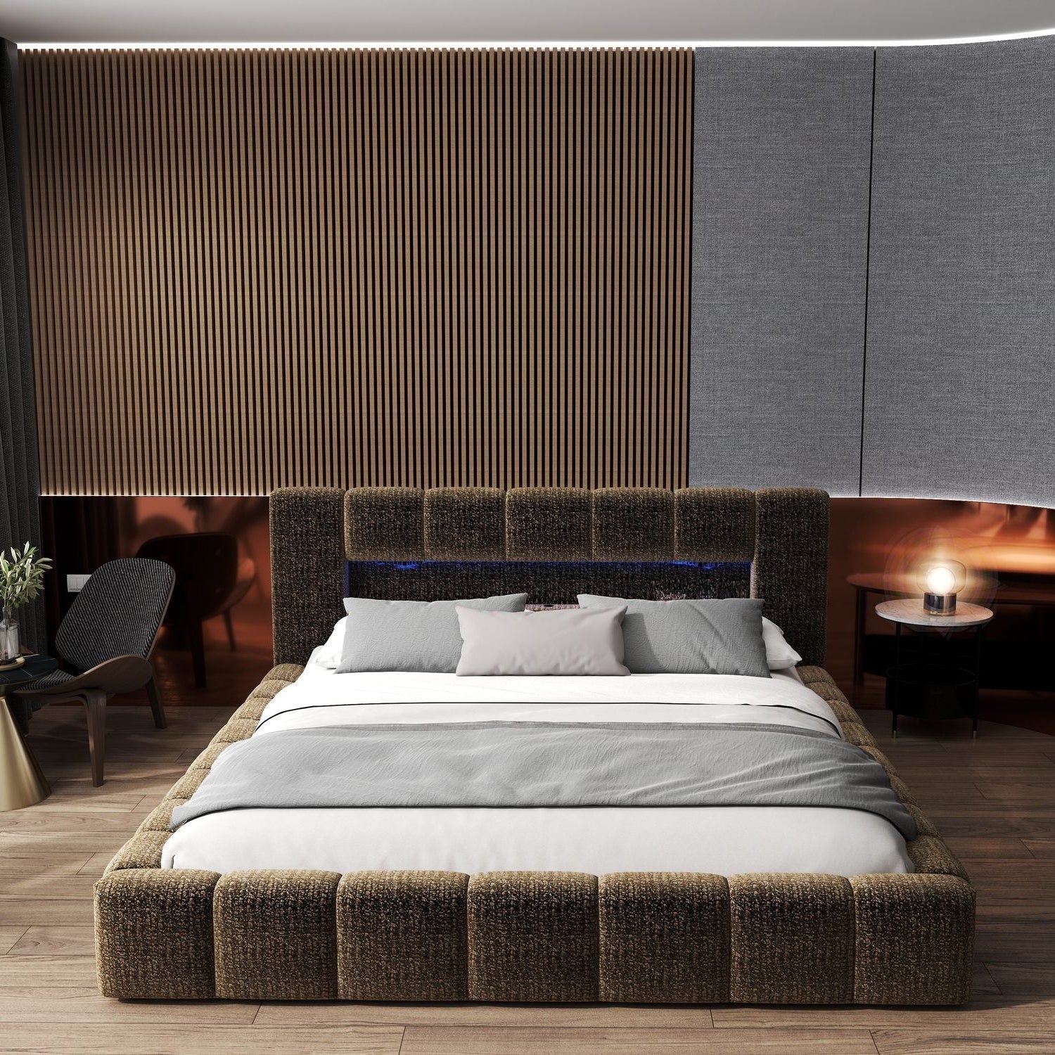 Pat dormitor dumonde, tapitat maro cu LED si USB, Palermo 180x200 cm, somiera rabatabila inclusa, spatiu depozitare