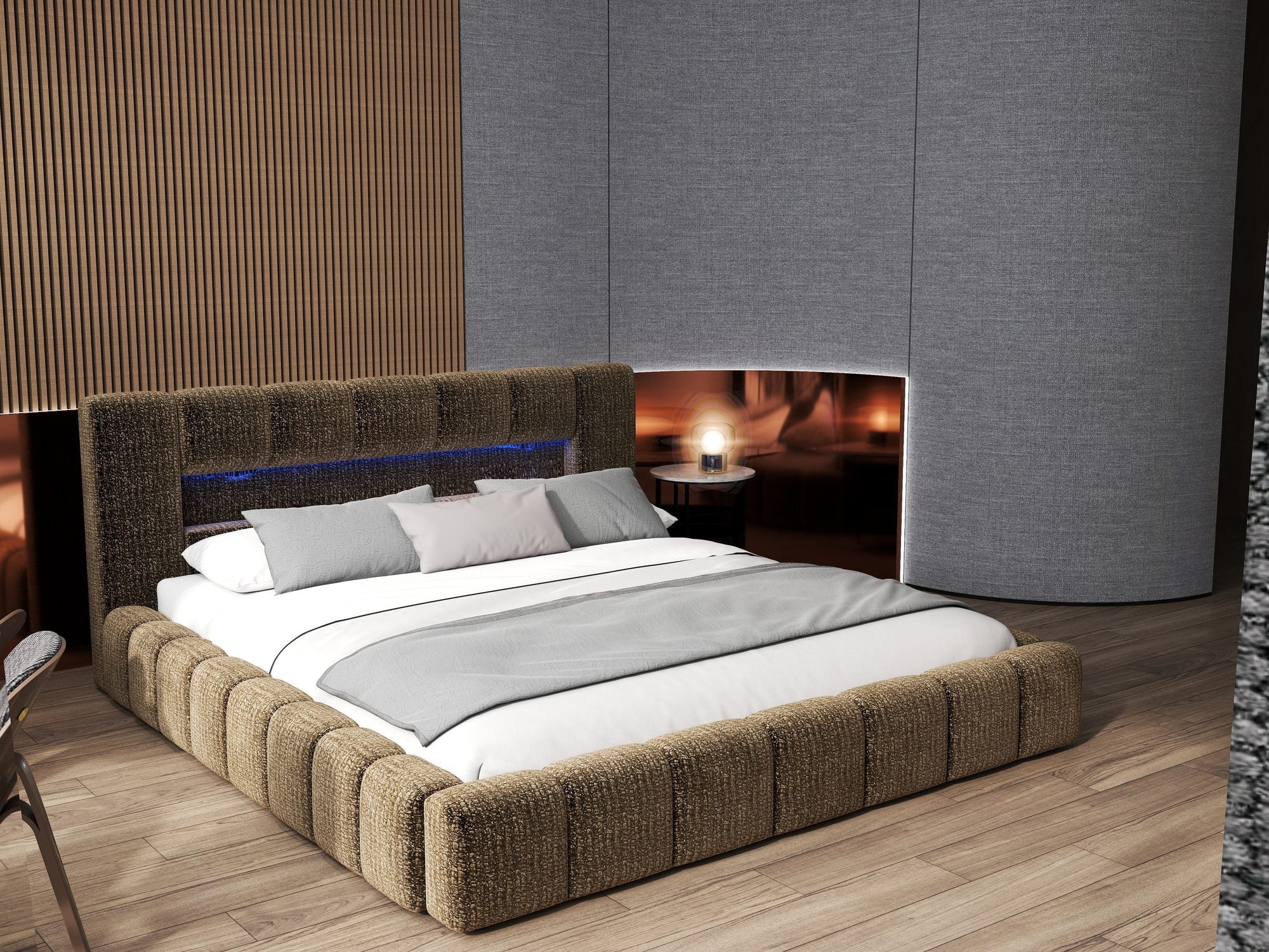 Pat dormitor dumonde, tapitat maro cu LED si USB, Palermo 180x200 cm, somiera rabatabila inclusa, spatiu depozitare