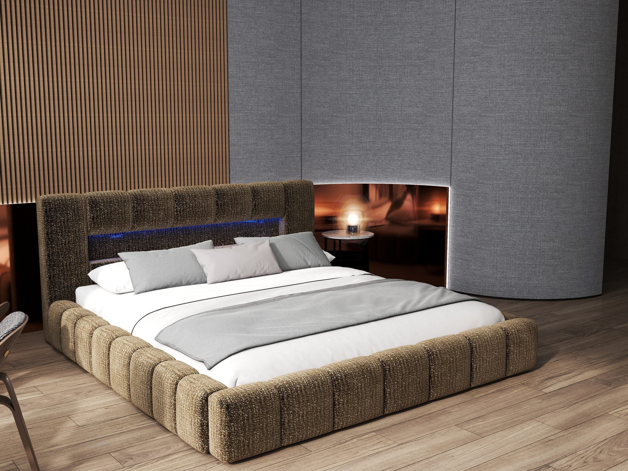 Pat dormitor dumonde, tapitat maro cu LED si USB, Palermo 180x200 cm, somiera rabatabila inclusa, spatiu depozitare