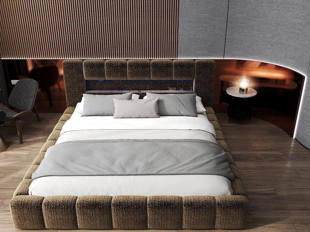 Pat dormitor dumonde, tapitat maro cu LED si USB, Palermo 180x200 cm, somiera rabatabila inclusa, spatiu depozitare