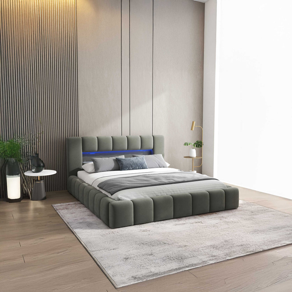 Pat dormitor dumonde, tapitat gri cu LED si USB, Palermo 140x200 cm, somiera rabatabila inclusa, spatiu depozitare