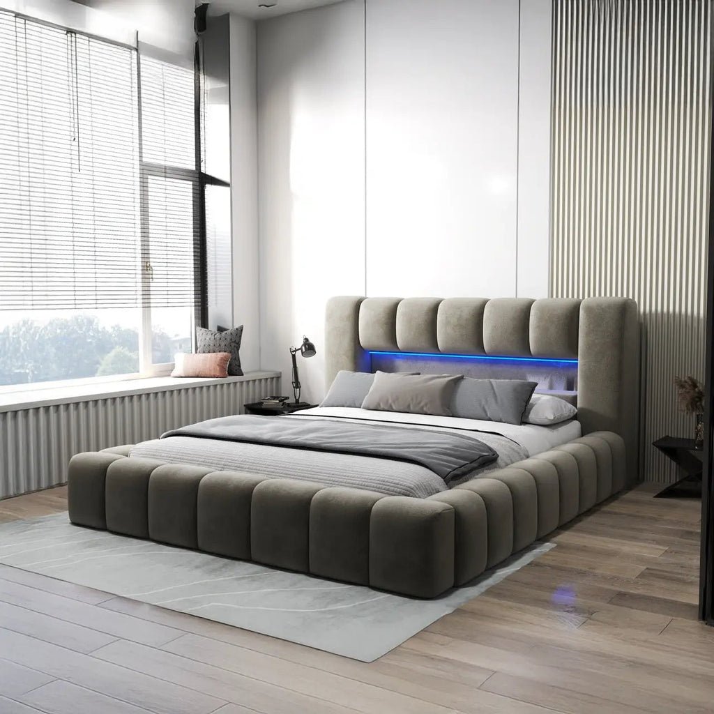 Pat dormitor dumonde, tapitat bej cu LED si USB, Palermo 160x200 cm, somiera rabatabila inclusa, spatiu depozitare