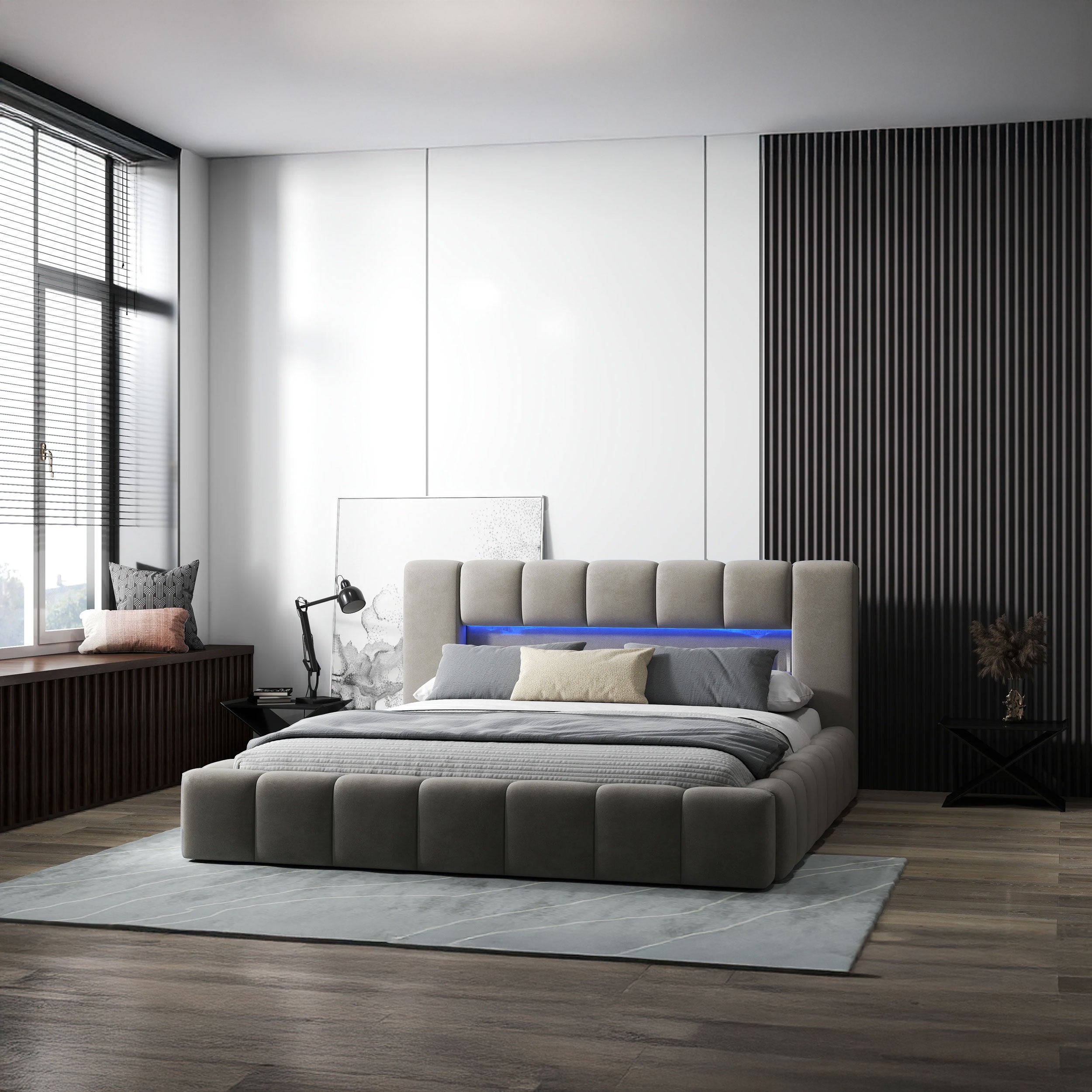 Pat dormitor dumonde, tapitat bej cu LED si USB, Palermo 180x200 cm, somiera rabatabila inclusa, spatiu depozitare