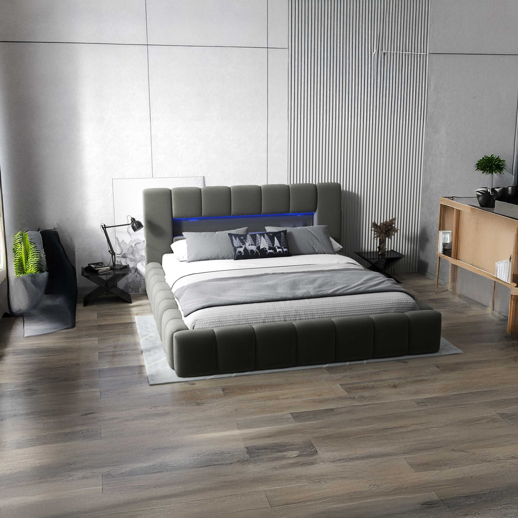 Pat dormitor dumonde, tapitat gri cu LED si USB, Palermo 160x200 cm, somiera rabatabila inclusa, spatiu depozitare