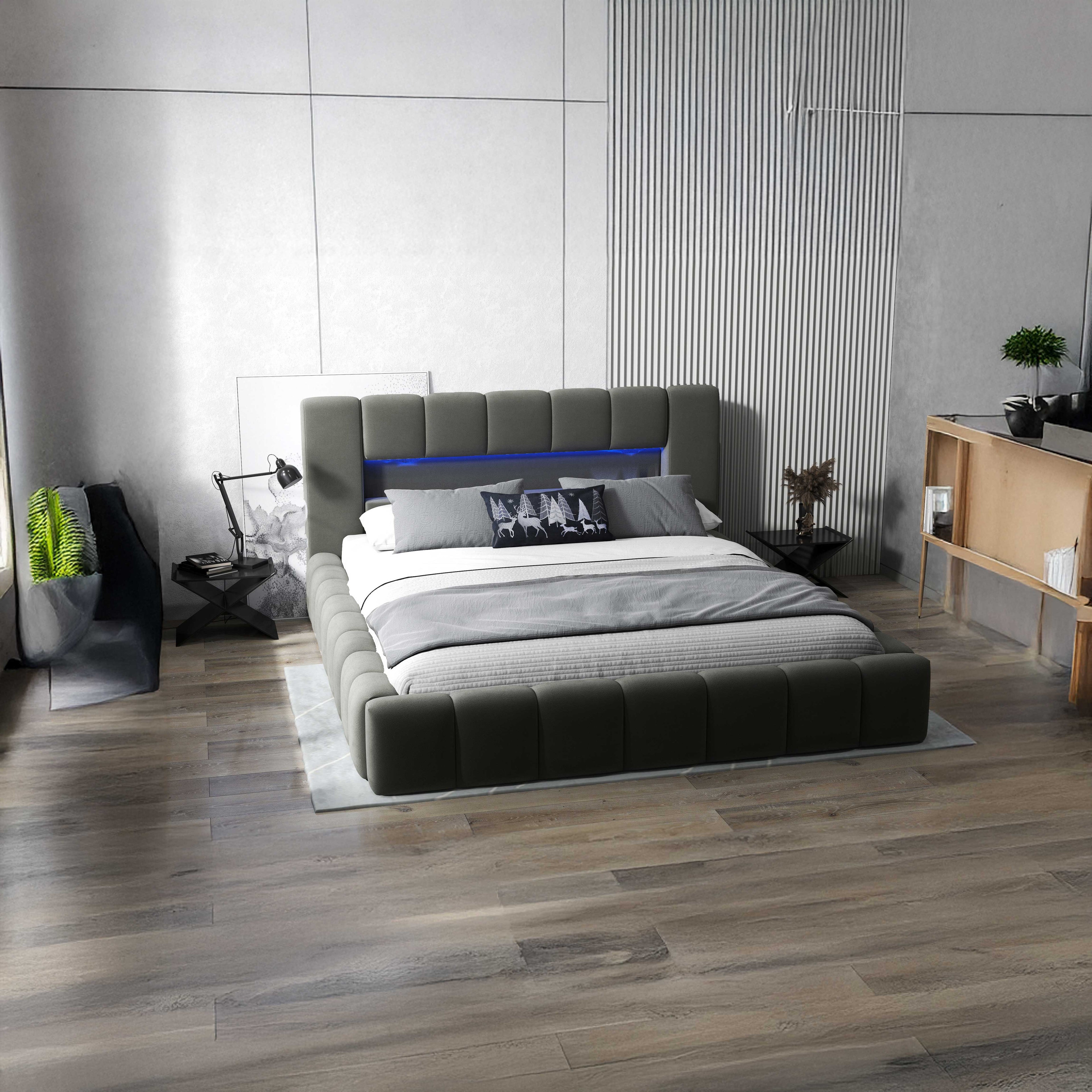 Pat dormitor dumonde, tapitat gri cu LED si USB, Palermo 160x200 cm, somiera rabatabila inclusa, spatiu depozitare