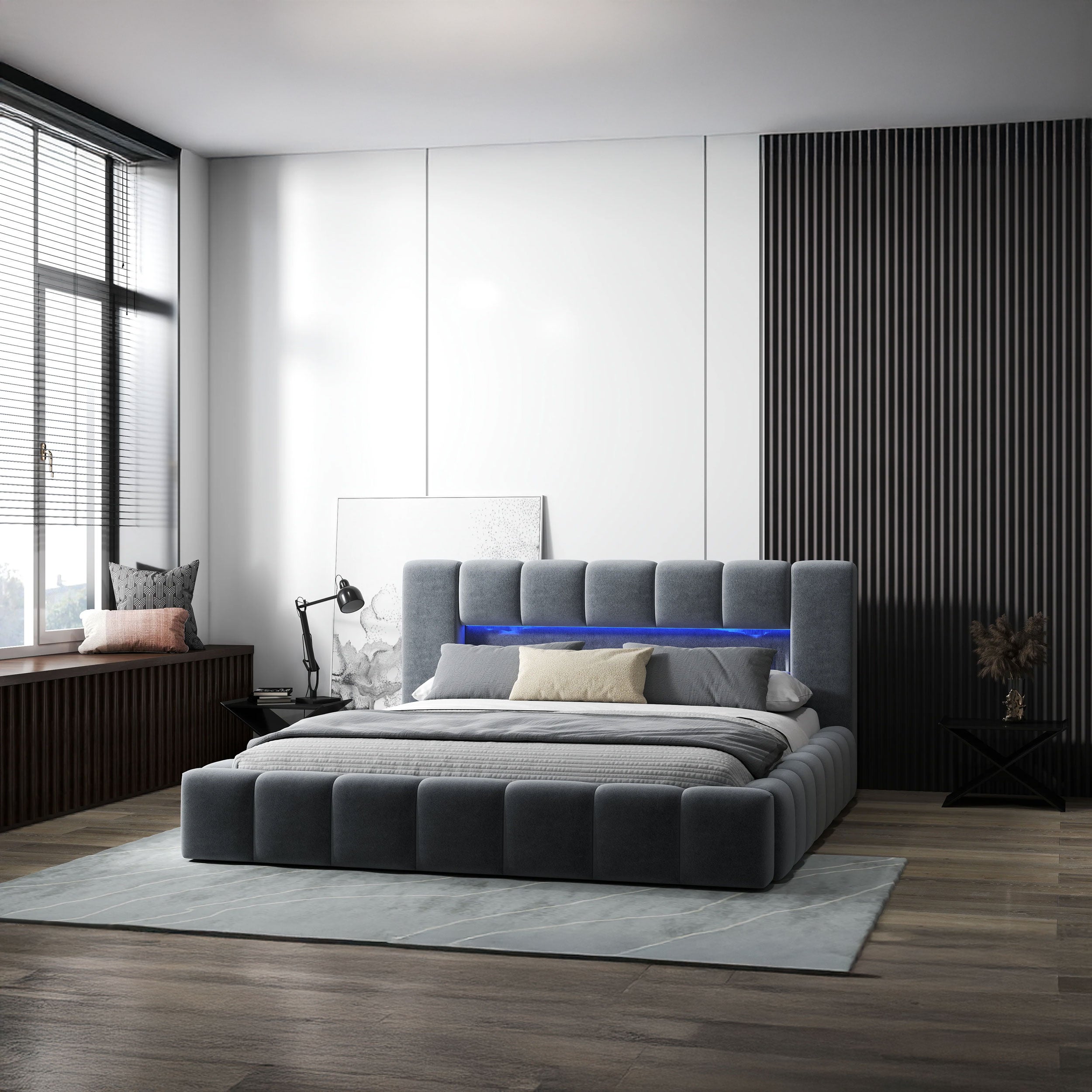 Pat dormitor dumonde, tapitat gri cu LED si USB, Palermo 180x200 cm, somiera rabatabila inclusa, spatiu depozitare