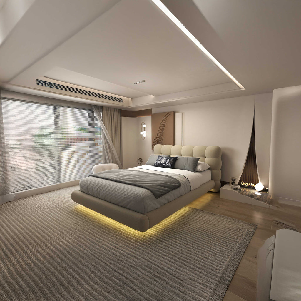 Pat dormitor dumonde, tapitat bej cu LED, "floating bed" Cloud 160x200 cm, somiera inclusa