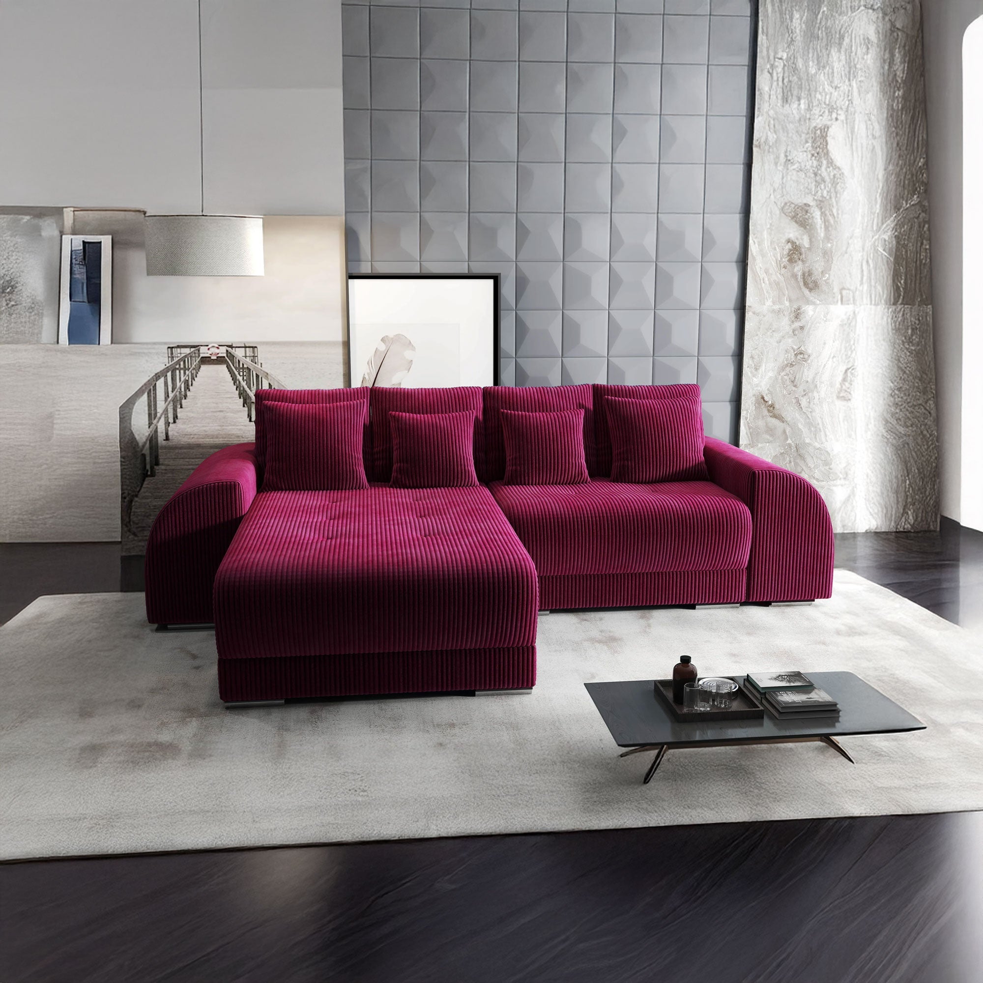 Colțar extensibil dumonde cu ladă de depozitare si sezut confortabil din spuma high-density, Verona Zoom Rosu 290x185 cm