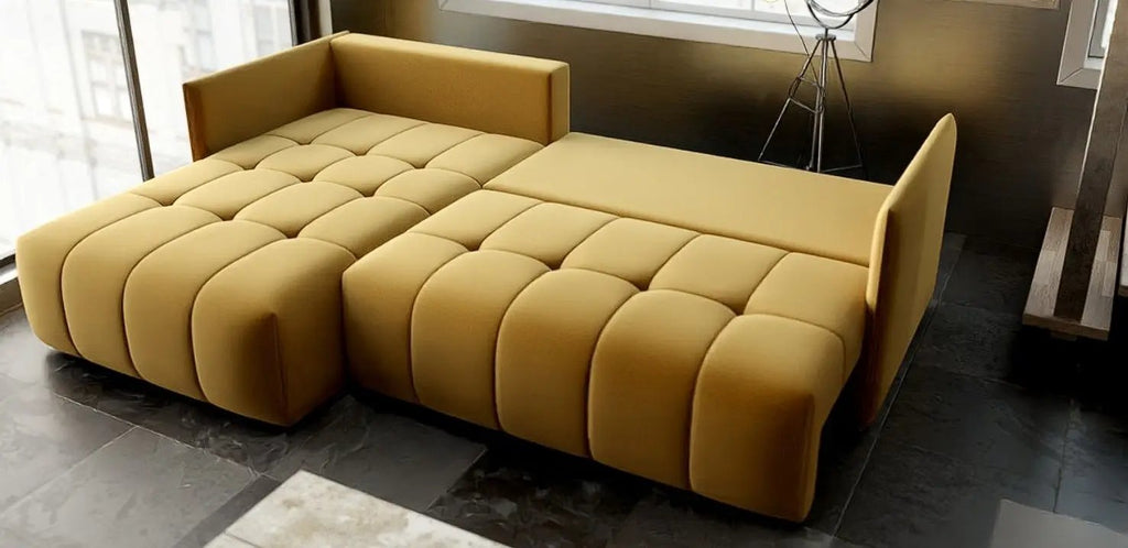 Colțar extensibil dumonde cu ladă de depozitare si sezut confortabil din spuma high-density, Malta Royal Muștar 235x185 cm