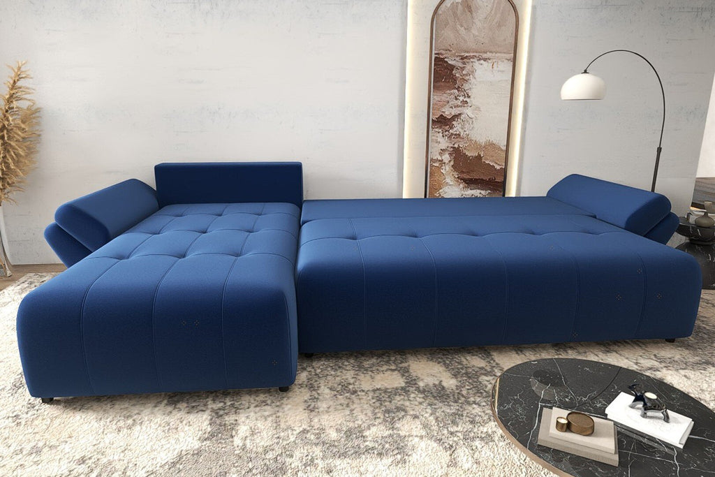 Colțar extensibil dumonde cu ladă de depozitare si sezut confortabil din spuma high-density, Berlin XL Royal Albastru 350x185 cm