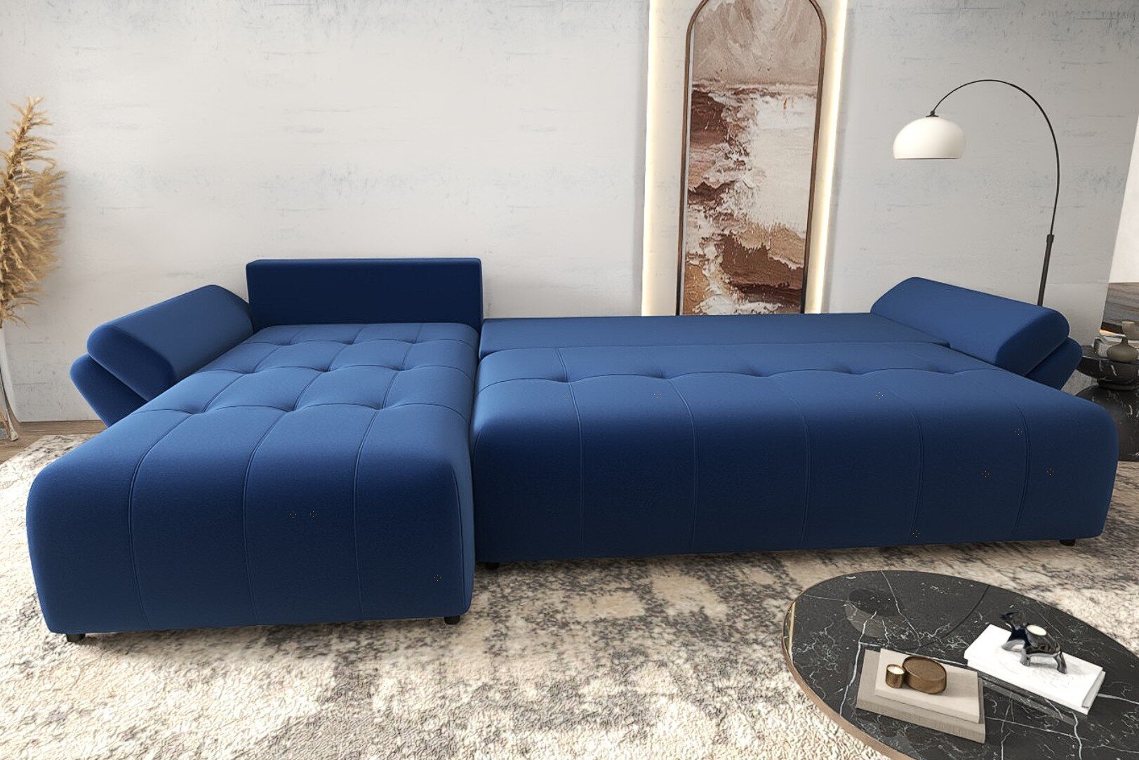 Colțar extensibil dumonde cu ladă de depozitare si sezut confortabil din spuma high-density, Berlin XL Royal Albastru 350x185 cm