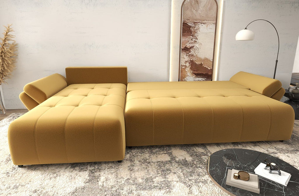 Colțar extensibil dumonde cu ladă de depozitare si sezut confortabil din spuma high-density, Berlin XL Royal Mustar 350x185 cm