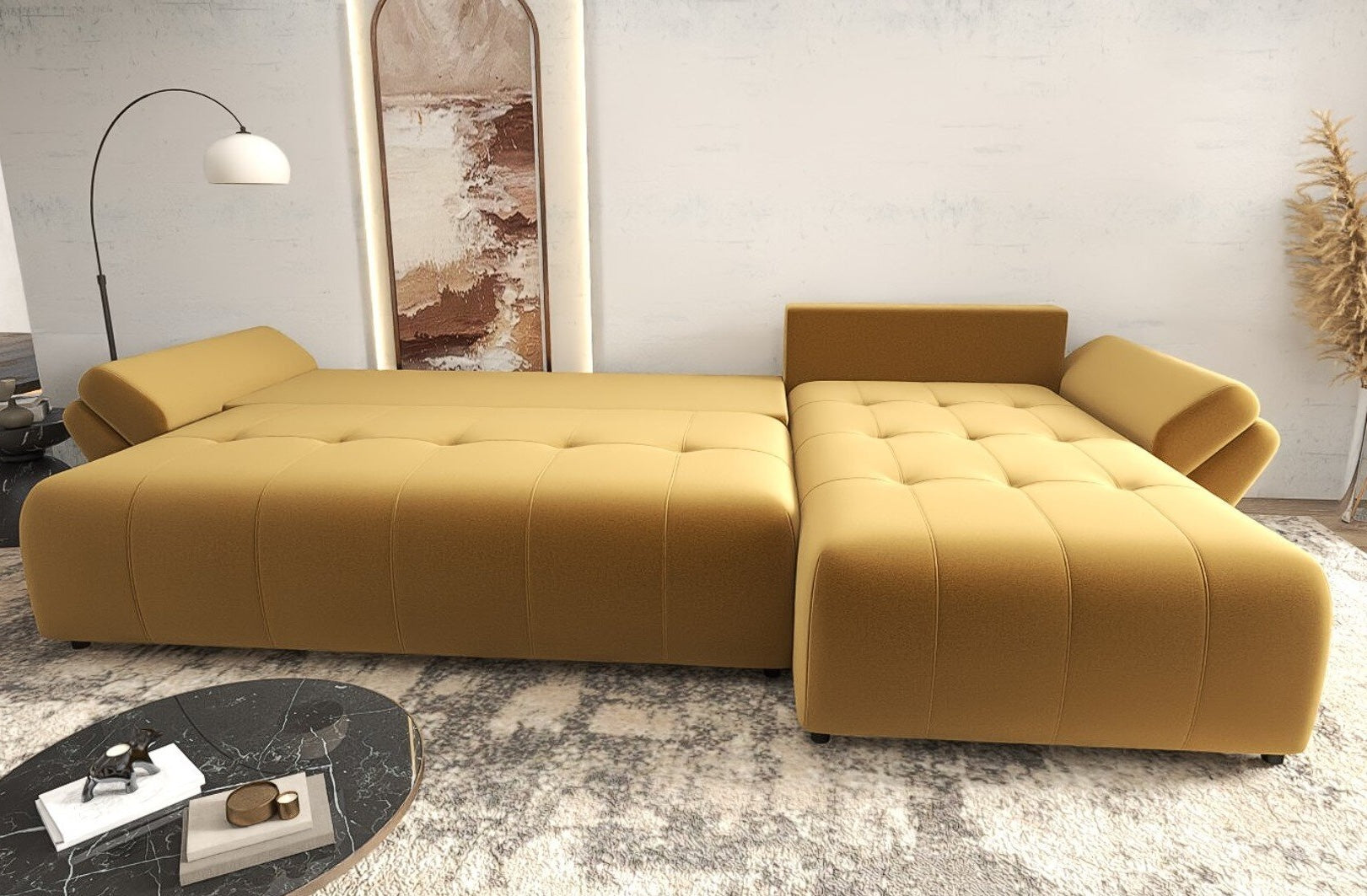 Colțar extensibil dumonde cu ladă de depozitare si sezut confortabil din spuma high-density, Berlin XL Royal Mustar 350x185 cm II