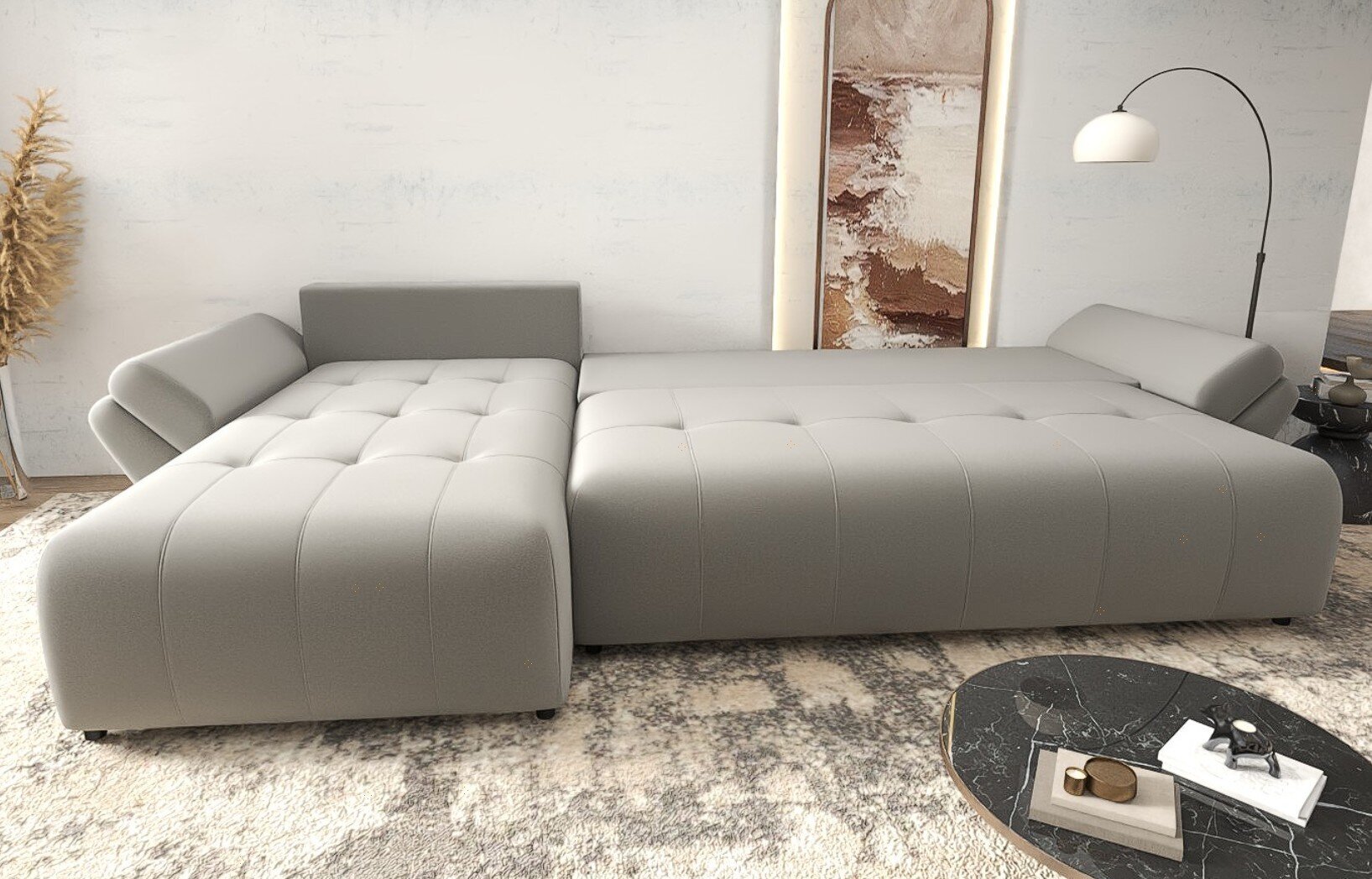 Colțar extensibil dumonde cu ladă de depozitare si sezut confortabil din spuma high-density, Berlin XL Royal Gri 350x185 cm