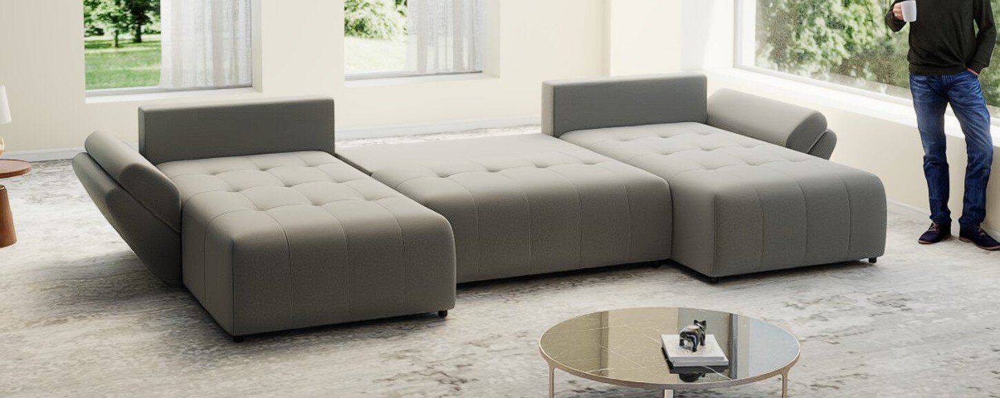 Colțar extensibil dumonde cu ladă de depozitare si sezut confortabil din spuma high-density, Berlin U Royal Grey 380x180 cm