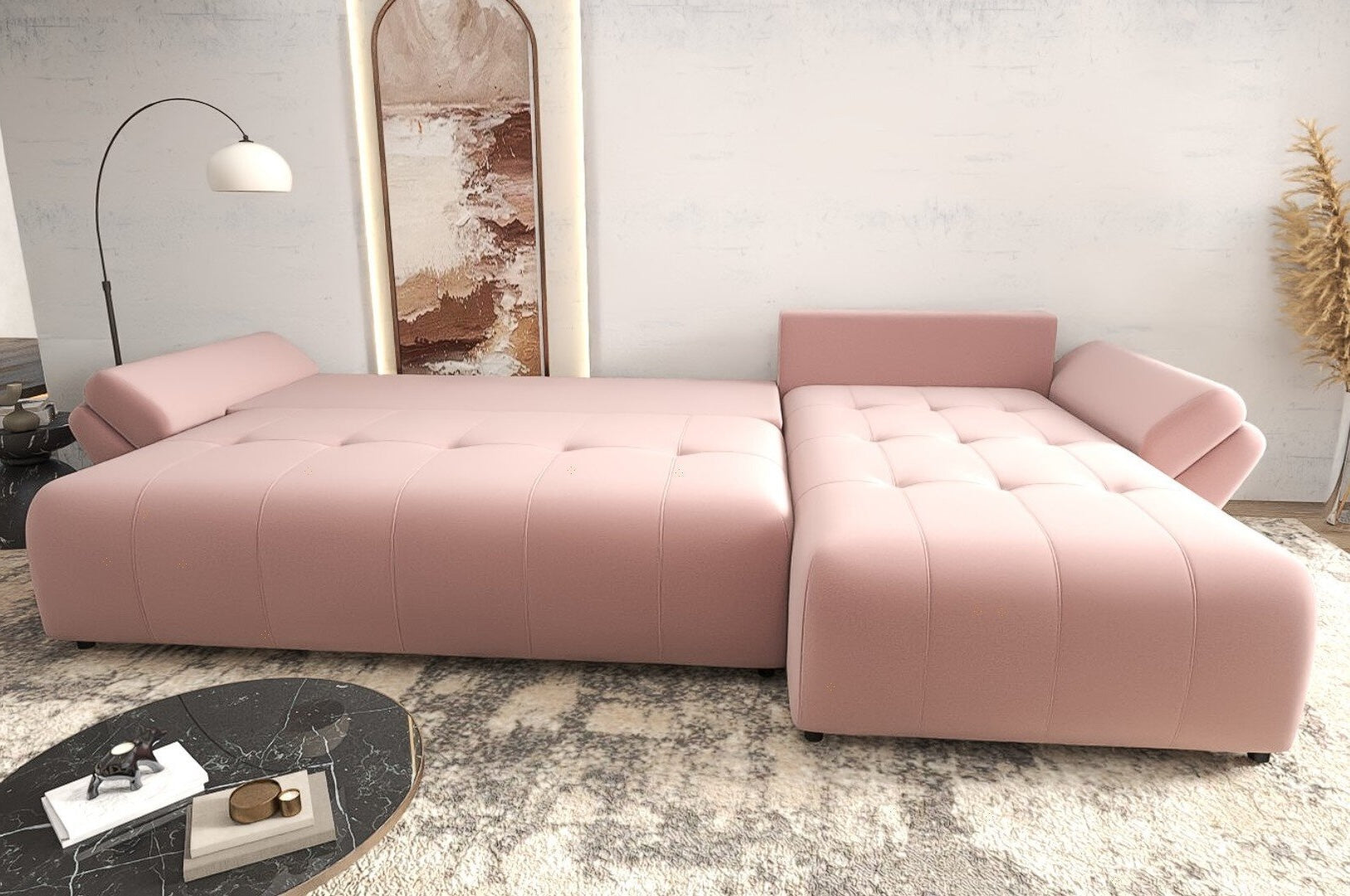 Colțar extensibil dumonde cu ladă de depozitare si sezut confortabil din spuma high-density, Berlin XL Royal Roz 350x185 cm II