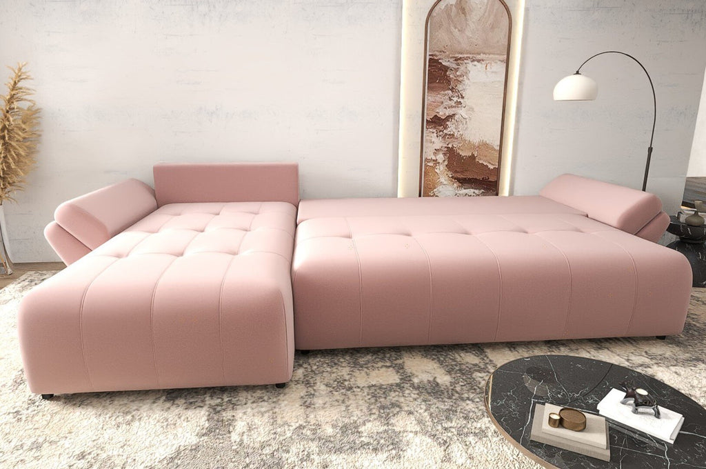 Colțar extensibil dumonde cu ladă de depozitare si sezut confortabil din spuma high-density, Berlin XL Royal Roz 350x185 cm