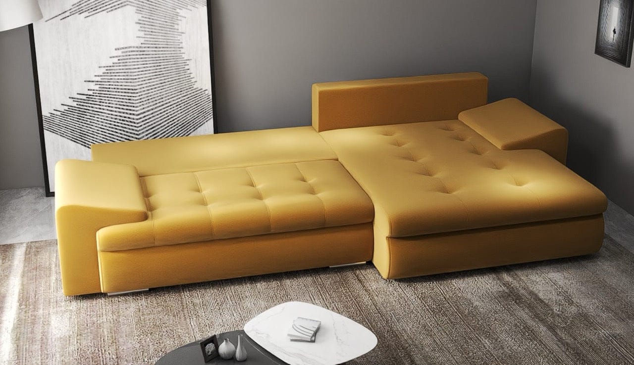 Colțar extensibil dumonde cu ladă de depozitare si sezut confortabil din spuma high-density, Leonardo Royal Mustar 260x185 cm II