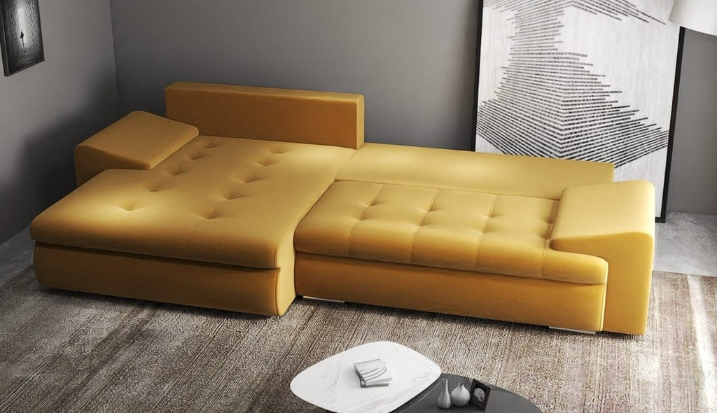 Colțar extensibil dumonde cu ladă de depozitare si sezut confortabil din spuma high-density, Leonardo Royal Mustar 260x185 cm