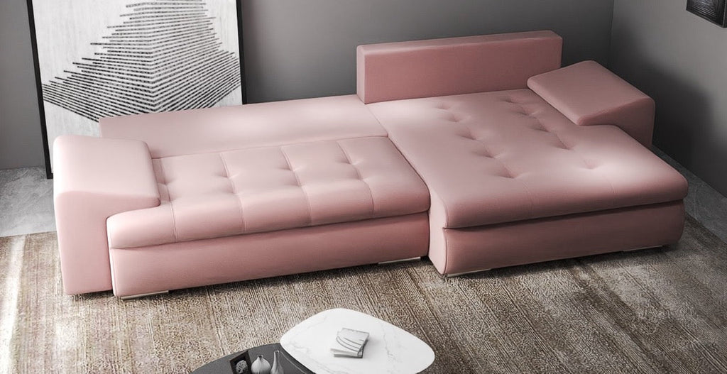 Colțar extensibil dumonde cu ladă de depozitare si sezut confortabil din spuma high-density, Leonardo Royal Roz 260x185 cm II