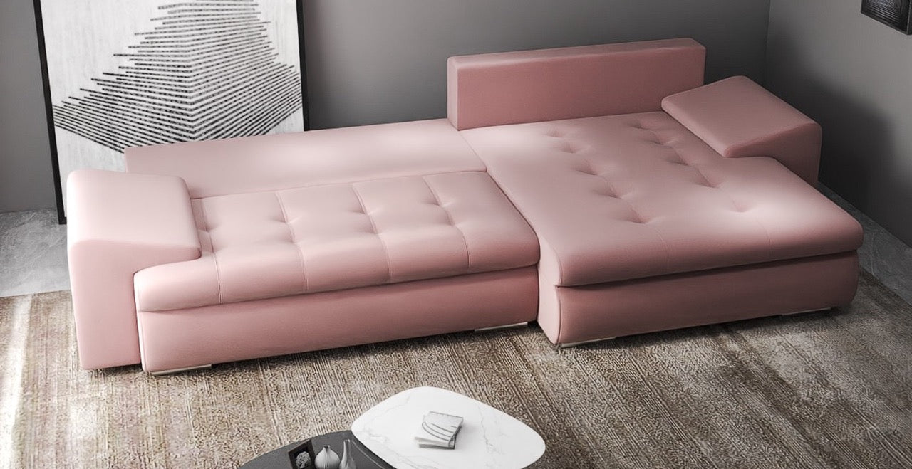 Colțar extensibil dumonde cu ladă de depozitare si sezut confortabil din spuma high-density, Leonardo Royal Roz 260x185 cm II