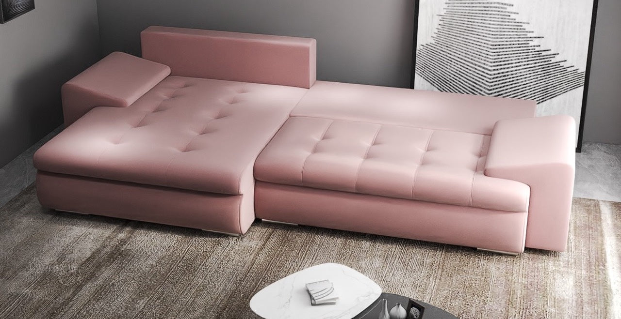 Colțar extensibil dumonde cu ladă de depozitare si sezut confortabil din spuma high-density, Leonardo Royal Roz 260x185 cm